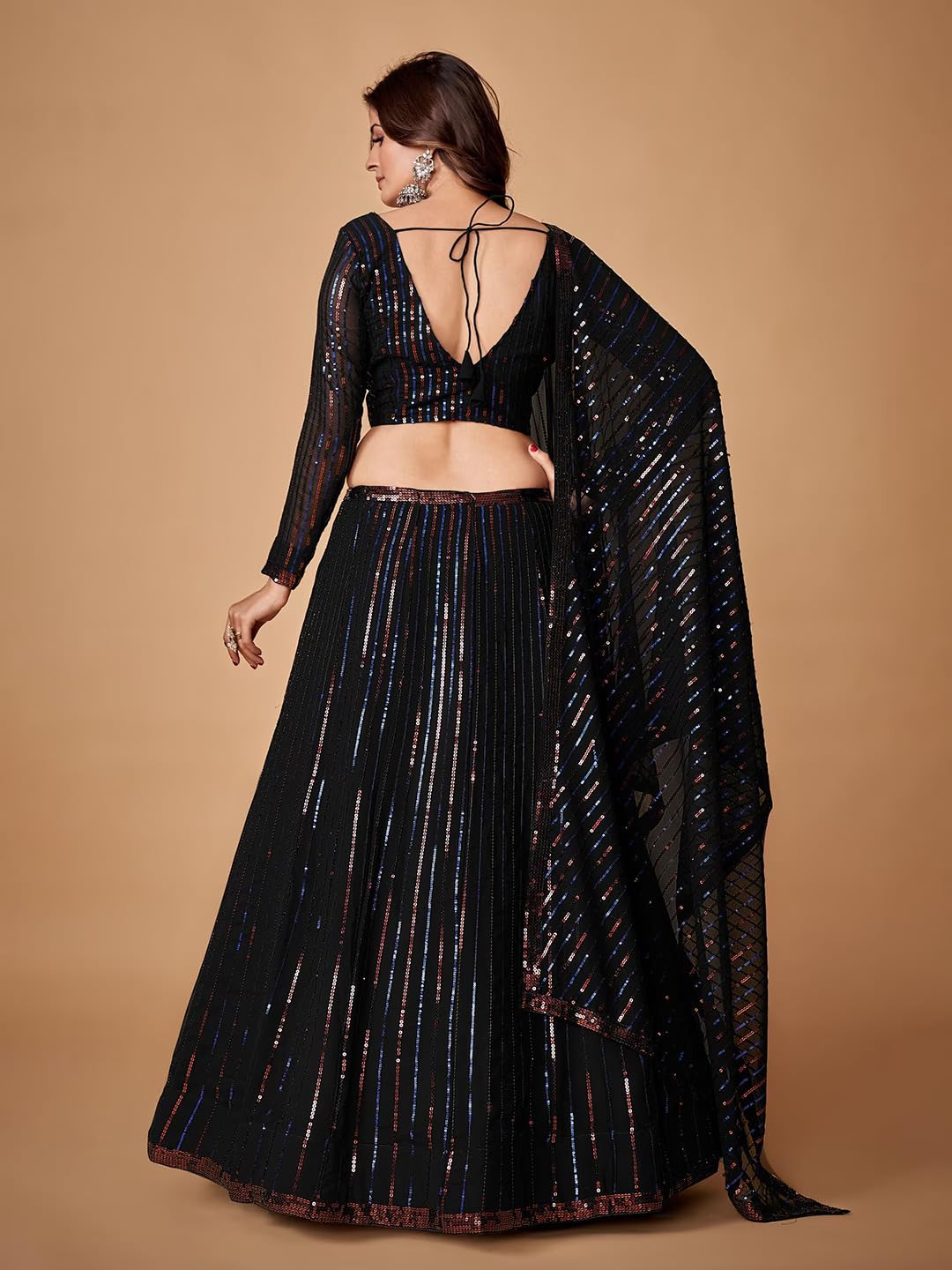 Zeel Clothing Sequins Embroidered Georgette New Semi-Stitched Lehenga Choli For Women (5107-Black-Stylish-Wedding--New; Free Size)