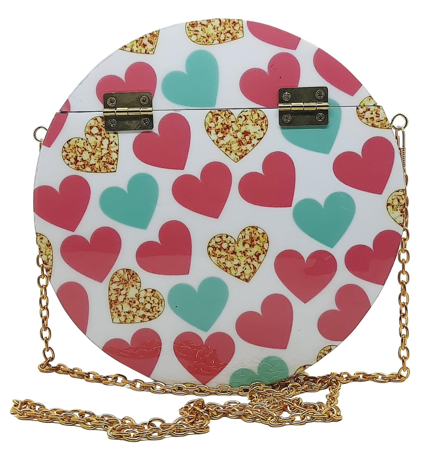 Trend Overseas Women's Handmade Wooden Printed Round Ethnic Clutch Bag/Bridal Purse/Handbag_Crossbody Sling Bags for Party (7.5 Inch) (Pink Heart)