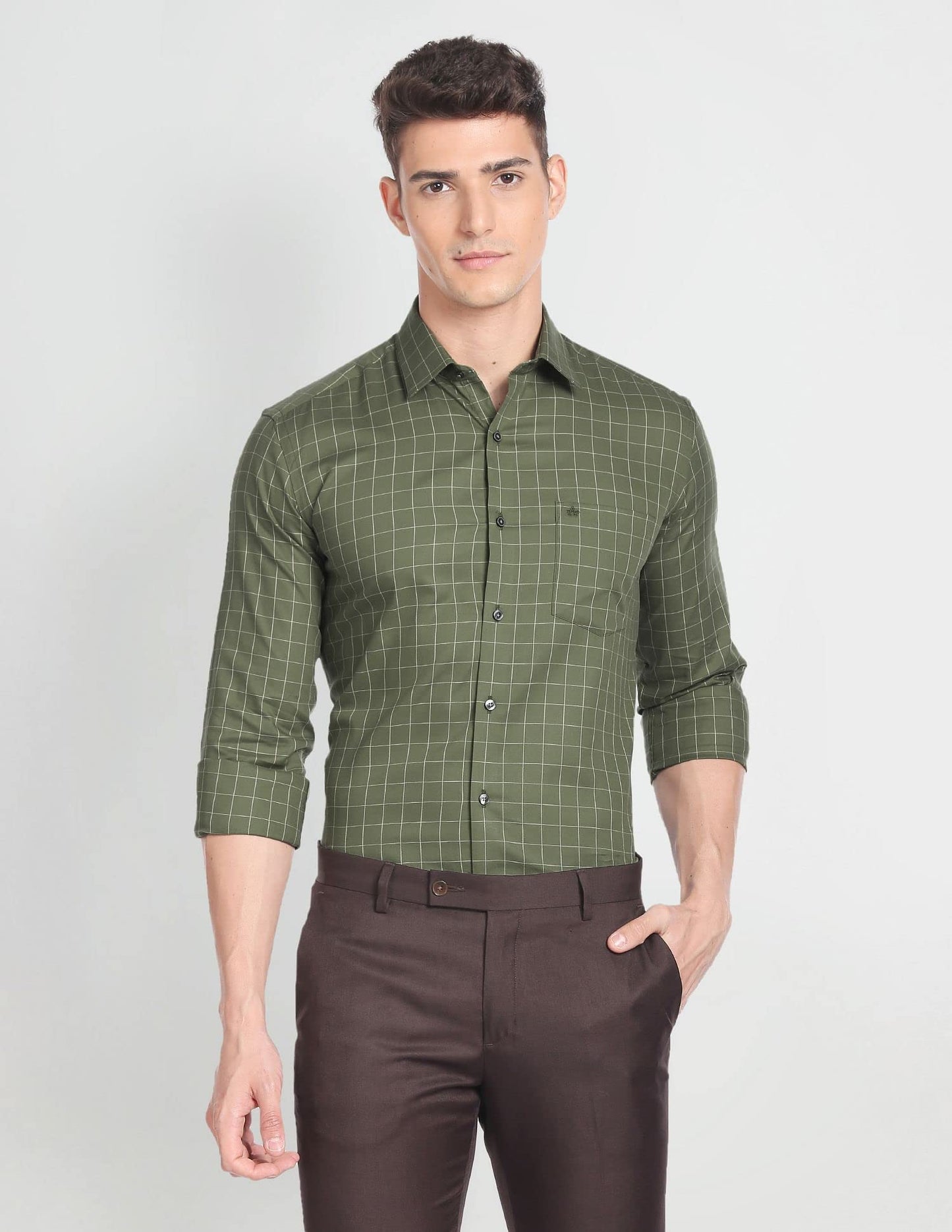 Arrow Men's Checkered Full Sleeve Slim Fit Cutaway Collar Cotton Formal Shirt (ARADOSH1244_Dark Green_40)