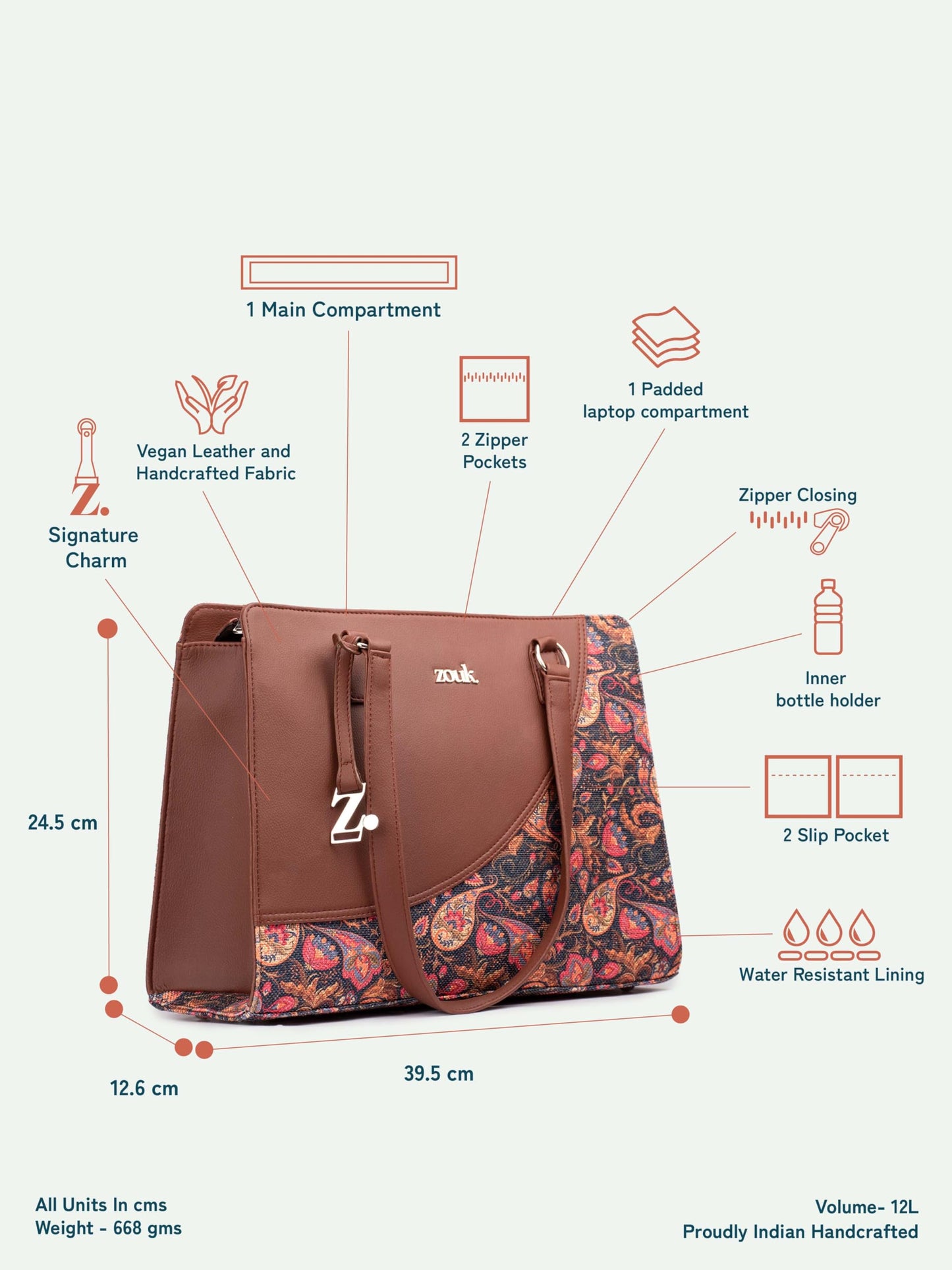 ZOUK Paisley Print Office Essential Bag | Jute | Vegan Leather Handcrafted Tote Bag With Double Handle Shoulder Strap| Pink