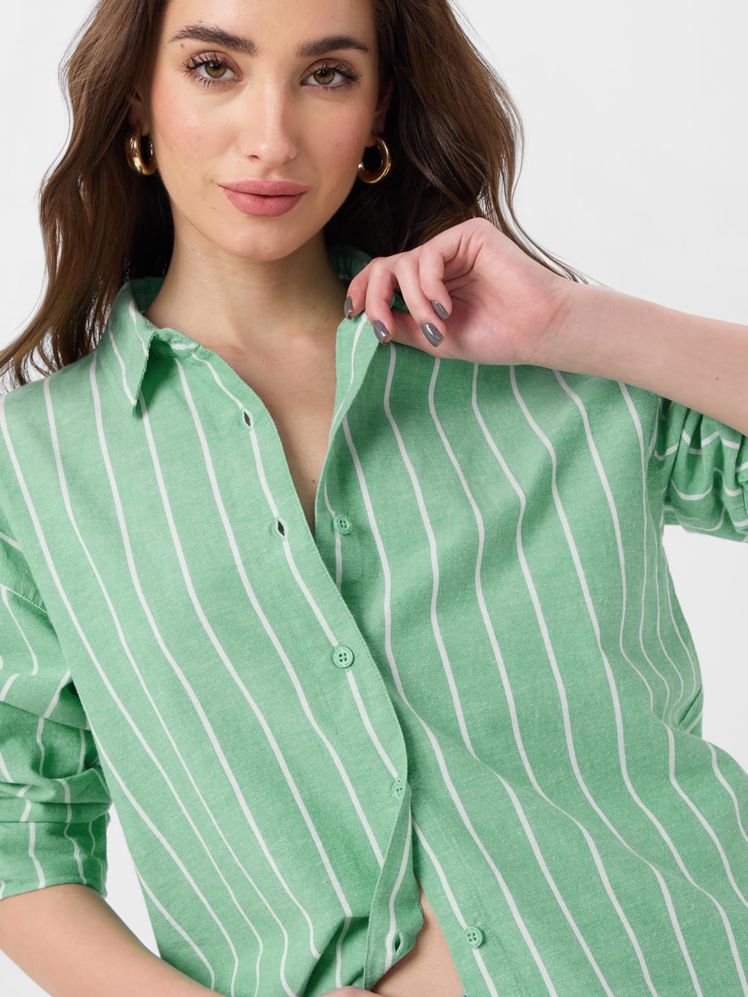 The Souled Store Cotton Linen Shirt: Foliage Women and Girls Long Sleeves Collared Neck Button Front Green Cotton Linen Boyfriend Shirts