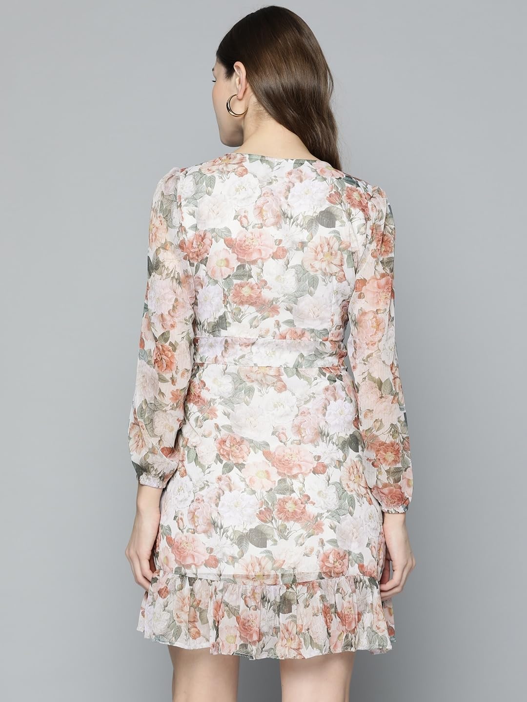 SASSAFRAS Beige Floral Chiffon Frill Hem Dress
