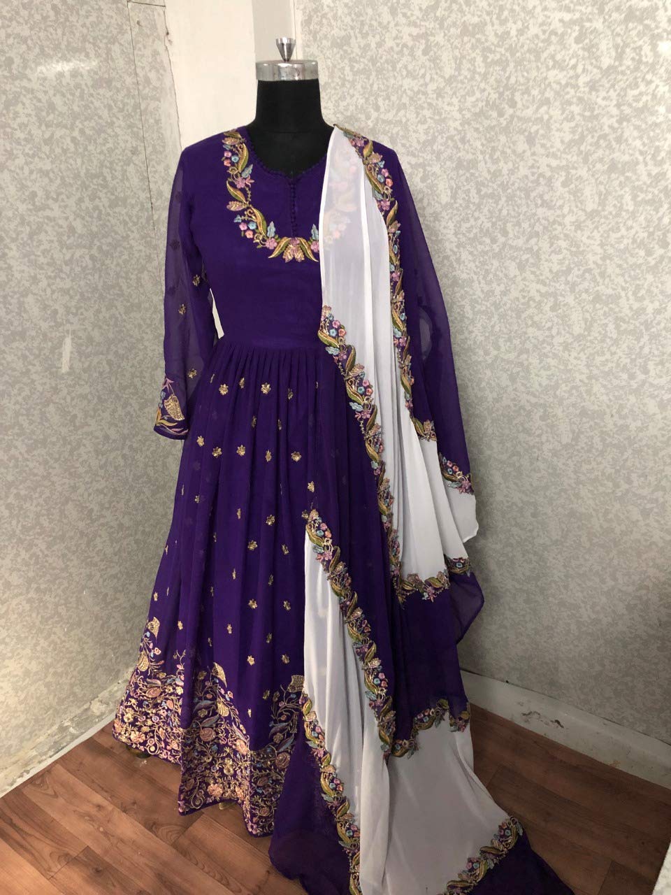 Miss Ethnik Women's Purple Georgette Semi Stitched Ankle Length Free Size Anarkali Gown