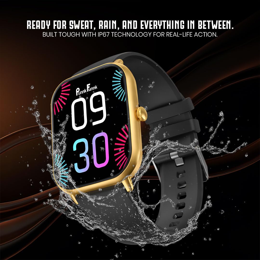 PunnkFunnk NeoLux 1.96” HD Display Smartwatch for Men & Women 2025 | Bluetooth Calling | 110+ Sports Modes | Heart Rate | SpO2 | IP67 Waterproof | Compatible with Android & iOS - (Gold Dial Black)