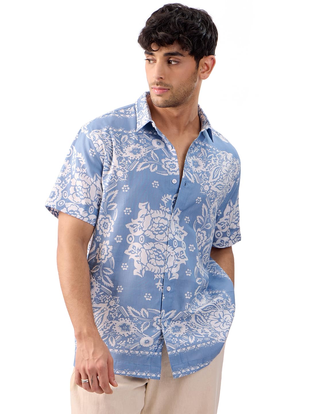 The Souled Store Wildflower Men and Boys Short Sleeves Collared Neck Button Front Blue All Over Printed Viscose Blend Holiday Shirts