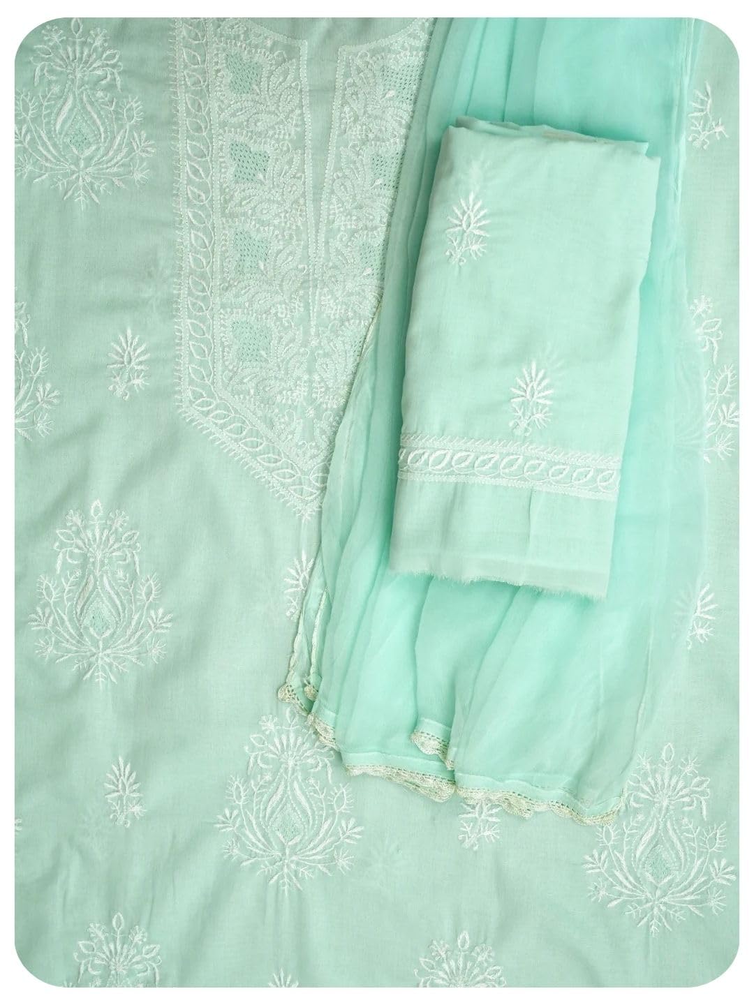 Ada Hand Embroidered Lucknowi Chikankari Unstitched Cotton Dress Material Suit Piece with Dupatta for Women 01A773700 Sea Green