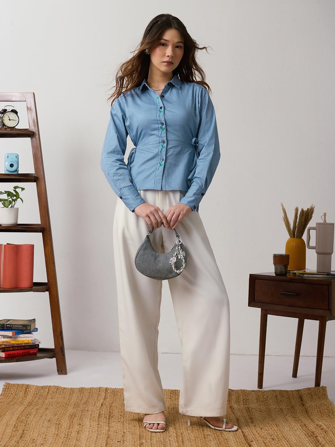 The Souled Store Plaid Shirt: Bluebell Women and Girls Full Length Sleeves Spread Collar Blue Gingham Embroidered Cotton Regular Fit Lightweight Side Tie-Up Everyday Casual Shirt