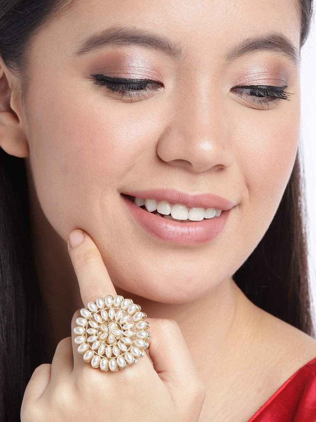 ZAVERI PEARLS Gold Tone Pearls Flower Ethnic Adjustable Finger Ring For Women-ZPFK9537