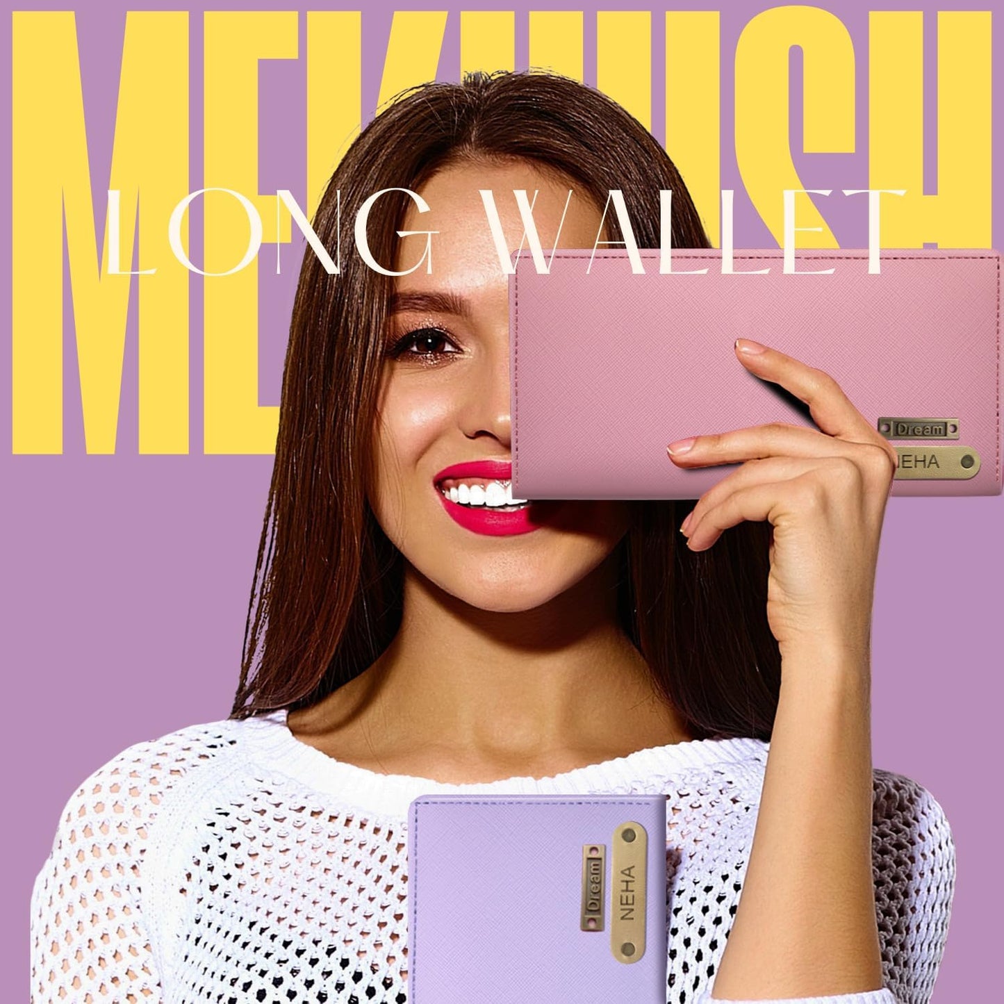 Mekhush Personalised Vegan Leather Ladies Wallet – Customised with Name & Charm, Stylish Mini & Long Design Options, Ideal Gift for Women (Long Wallet)