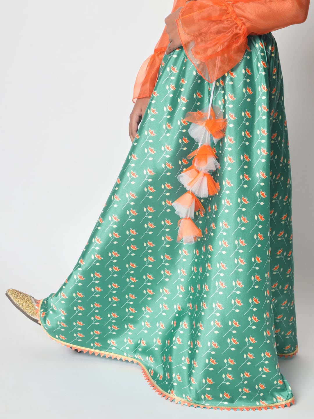 studio rasa Girls Poly Silk Printed Bias Kids Skirt for Wedding Party Festive(GSC12305/15-16_Light Green_15-16yrs)