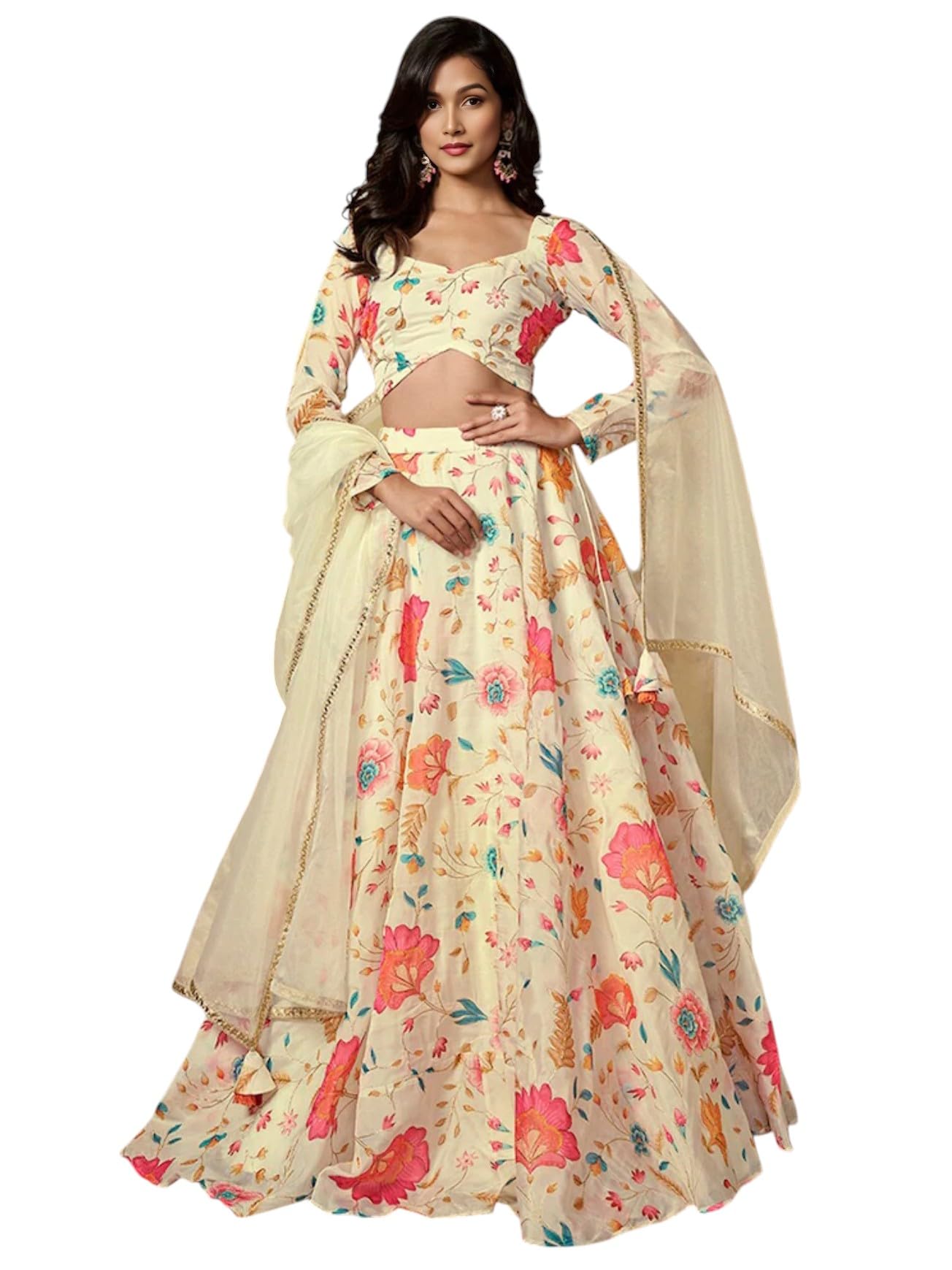 Zeel Clothing Women's Print And Dori Embroidered Organza Designer Semi-Stitched Lehenga Choli With Dupatta (7074-Beige-Womens-Lehenga-Choli-Latest; Free Size) (Beige)