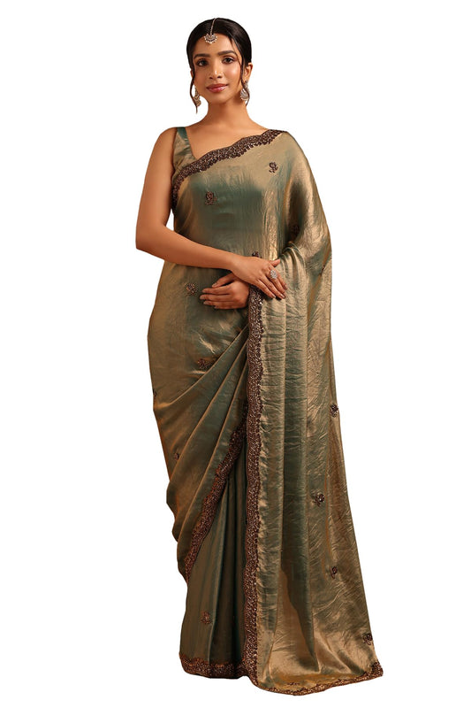 Soch Womens Teal Fendy Organza Floral Saree With Cutdana