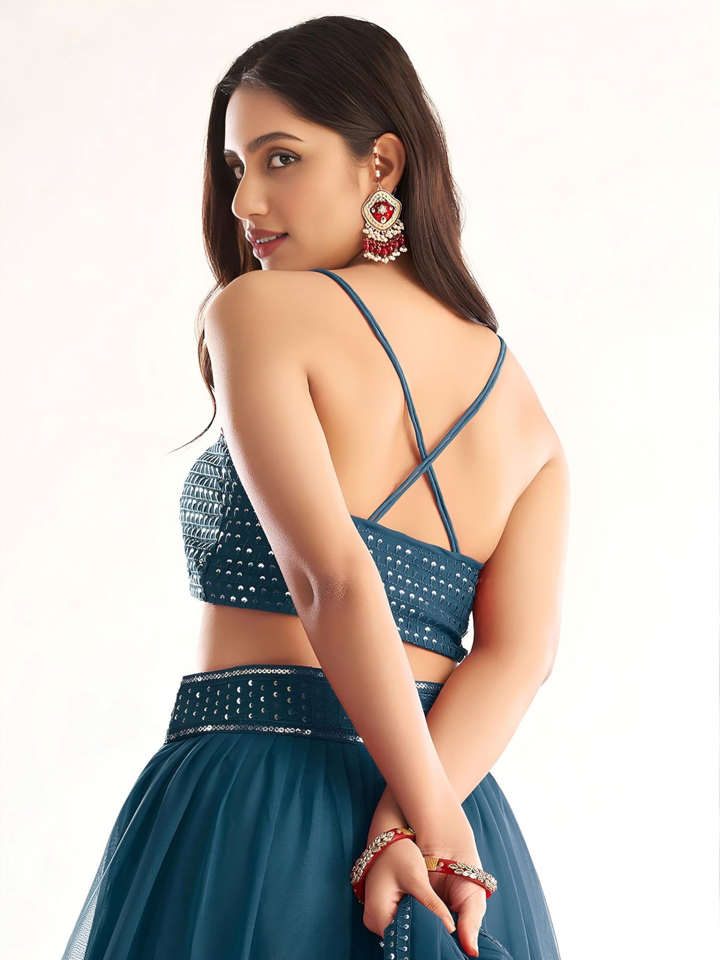Zeel Clothing Womens Georgette Lehenga Choli Semi-Stitched Blue Wedding Bridal Free Size