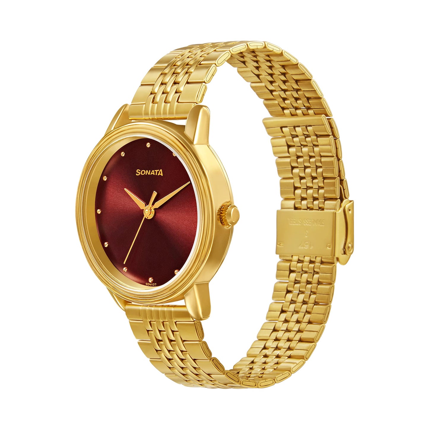 Sonata Gold Edit Maroon Dial Women Watch with Stainless Steel Strap-NS8175YM03