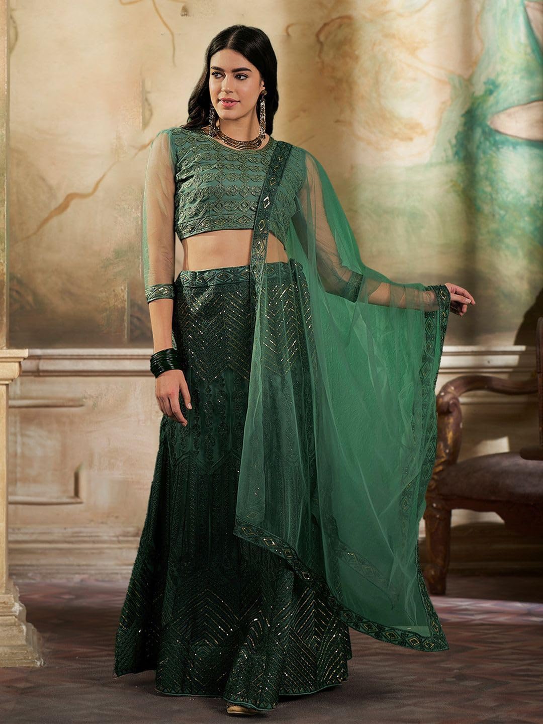 VARNI FABRICS Lehenga set for Women Heavy Net Multi Embroidered Zari Work Semi Stitched Lehenga for Women Wedding Ethnic Traditional Party Lehenga Choli with Dupatta | Green | Free Size