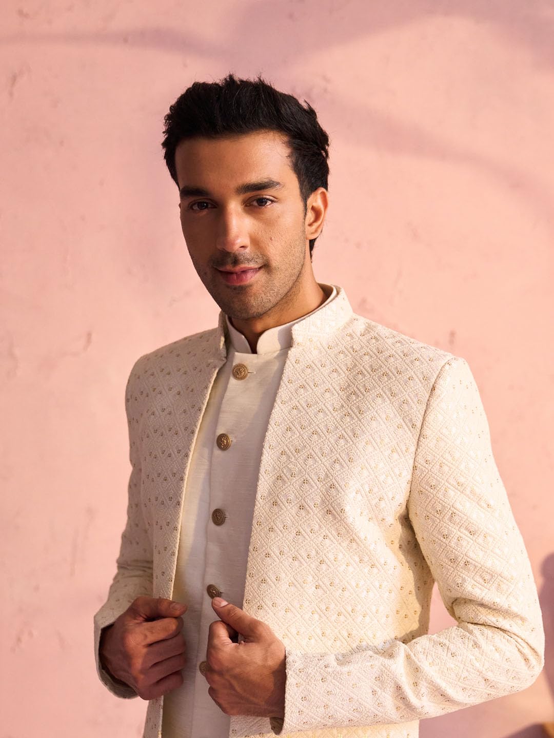 VASTRAMAY Men's Cream Silk Blend Sherwani Only Top