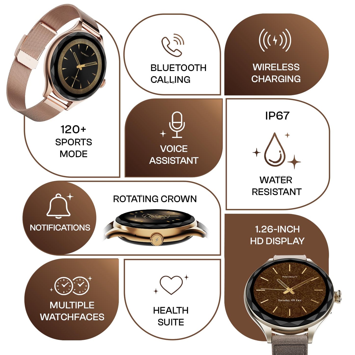Fire-Boltt Phoenix Aura Women Smart Watch with 1.26” Diamond-Cut HD Display, Rotating Crown, Wireless Charging, Bluetooth Calling, Voice Assistant, 120+ Sports Modes - Ivory White