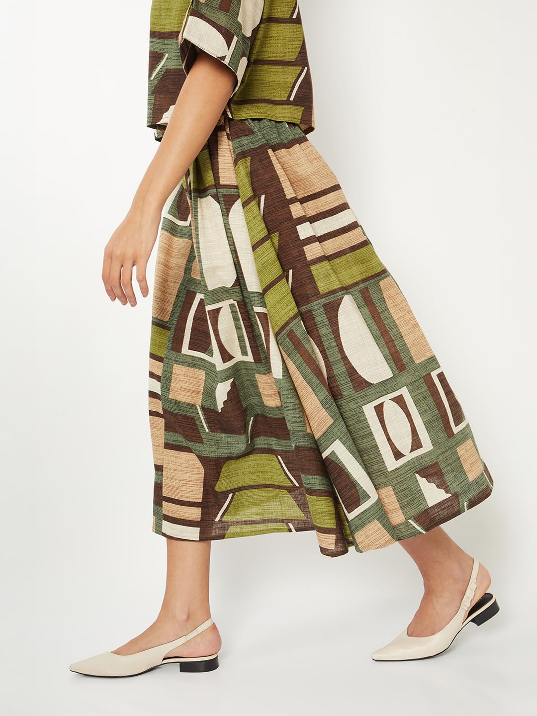 Max Women Printed A-line Midi Skirt (Green_L)