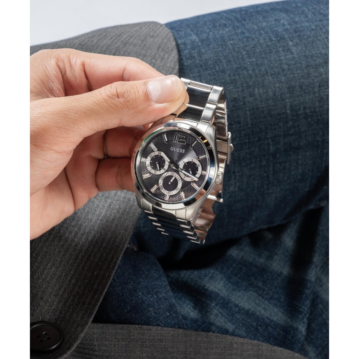 GUESS Men's Stainless Steel Analog Navy Blue Dial Silver Band Watch-Gw0707G1