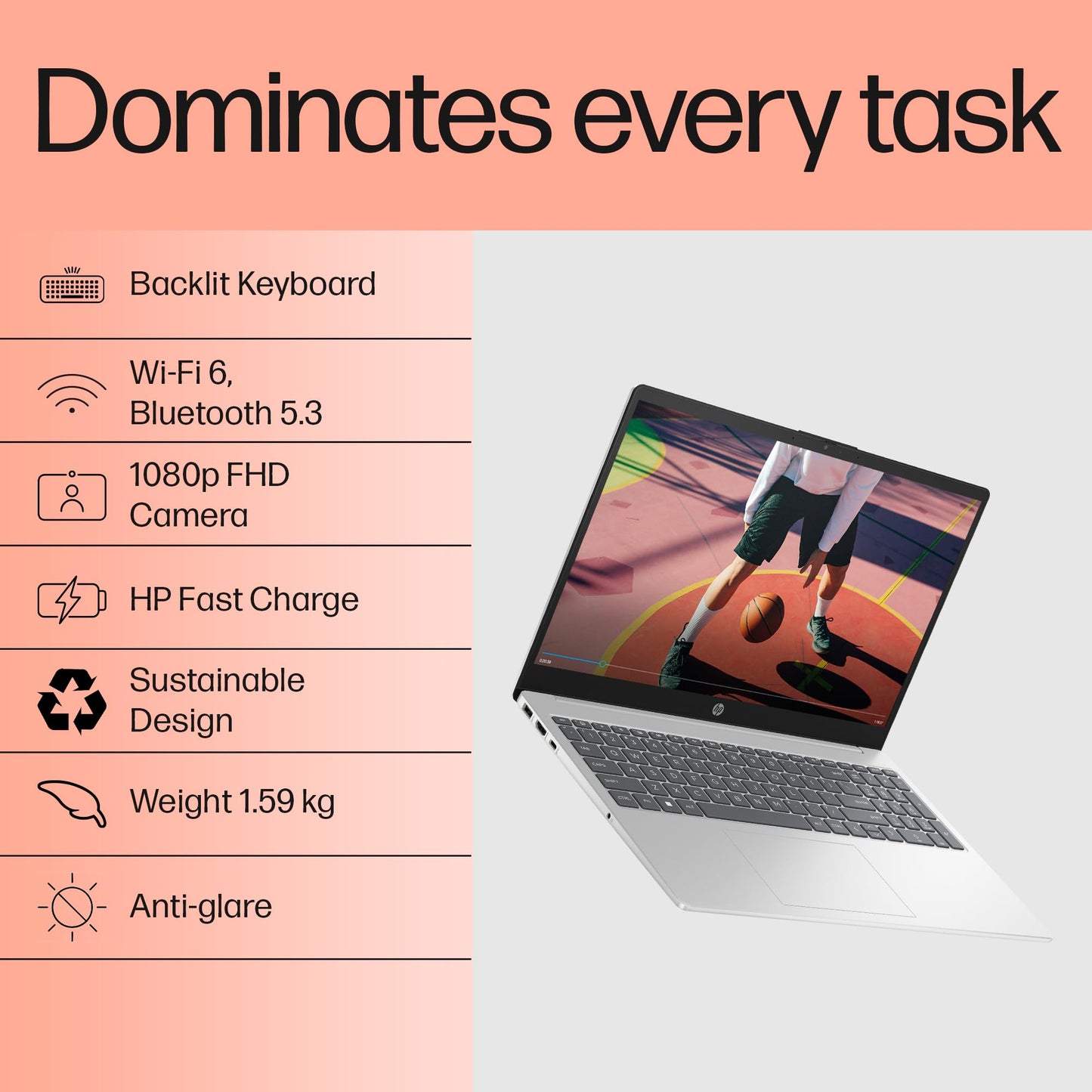 HP 15, 13th Gen Intel Core i5-1334U Laptop (16GB DDR4, 512GB SSD) Anti-Glare, 15.6"/39.6cm, FHD, Win 11, MS Office 21, Silver, 1.59kg, Intel Iris Xe Graphics, 1080p FHD Camera, Backlit KB, fd0221TU