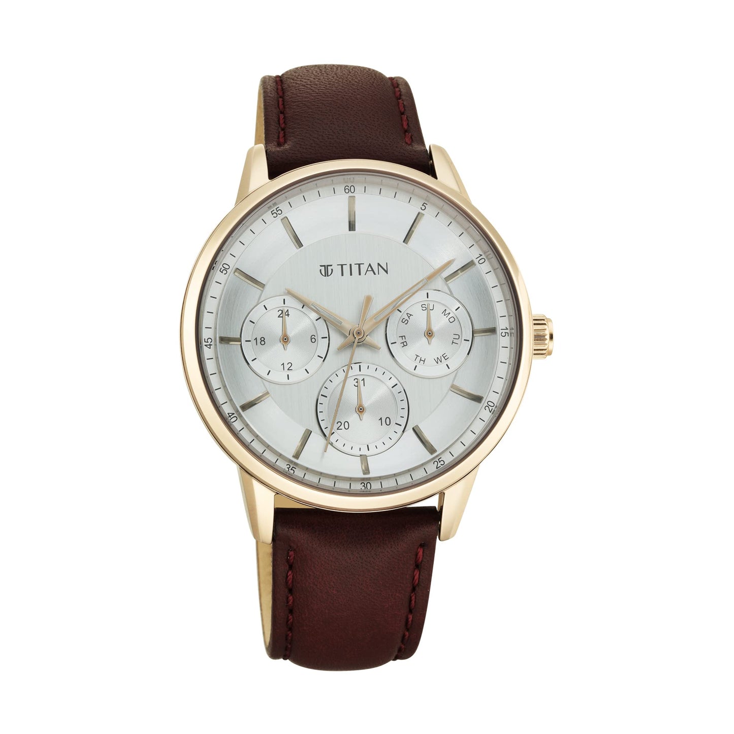 Titan Urban Magic Quartz Multifunction Silver Dial Brown Leather Strap Watch for Men - NT90133WL01