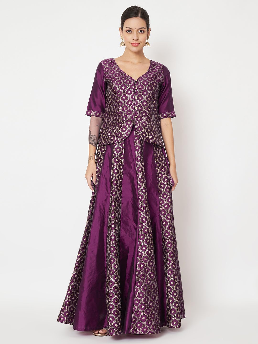 studio rasa Women's Silk Blend Block Printed Kalidaar Skirt for Wedding Festive Party (SKTC52401M_Purple_Medium)