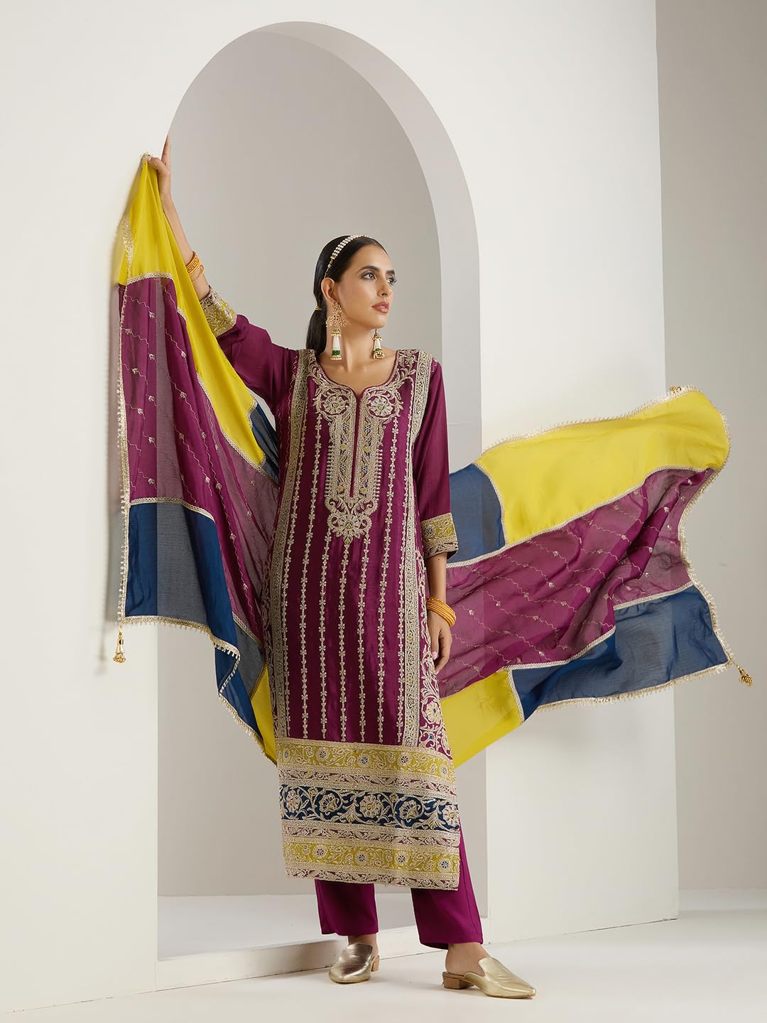 ishin Gold zari embroidered straight festive kurta with pants and dupatta