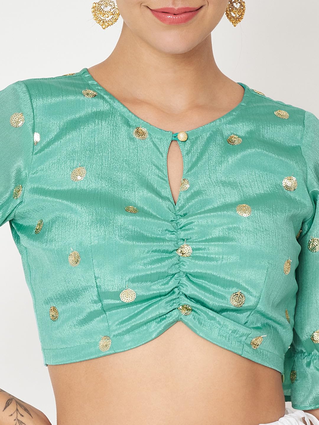 studio rasa Women's Chinon Sequin Embroidered Readymade Saree Blouse for Wedding Festive Party (TPWC524BL65L_Teal_Large)
