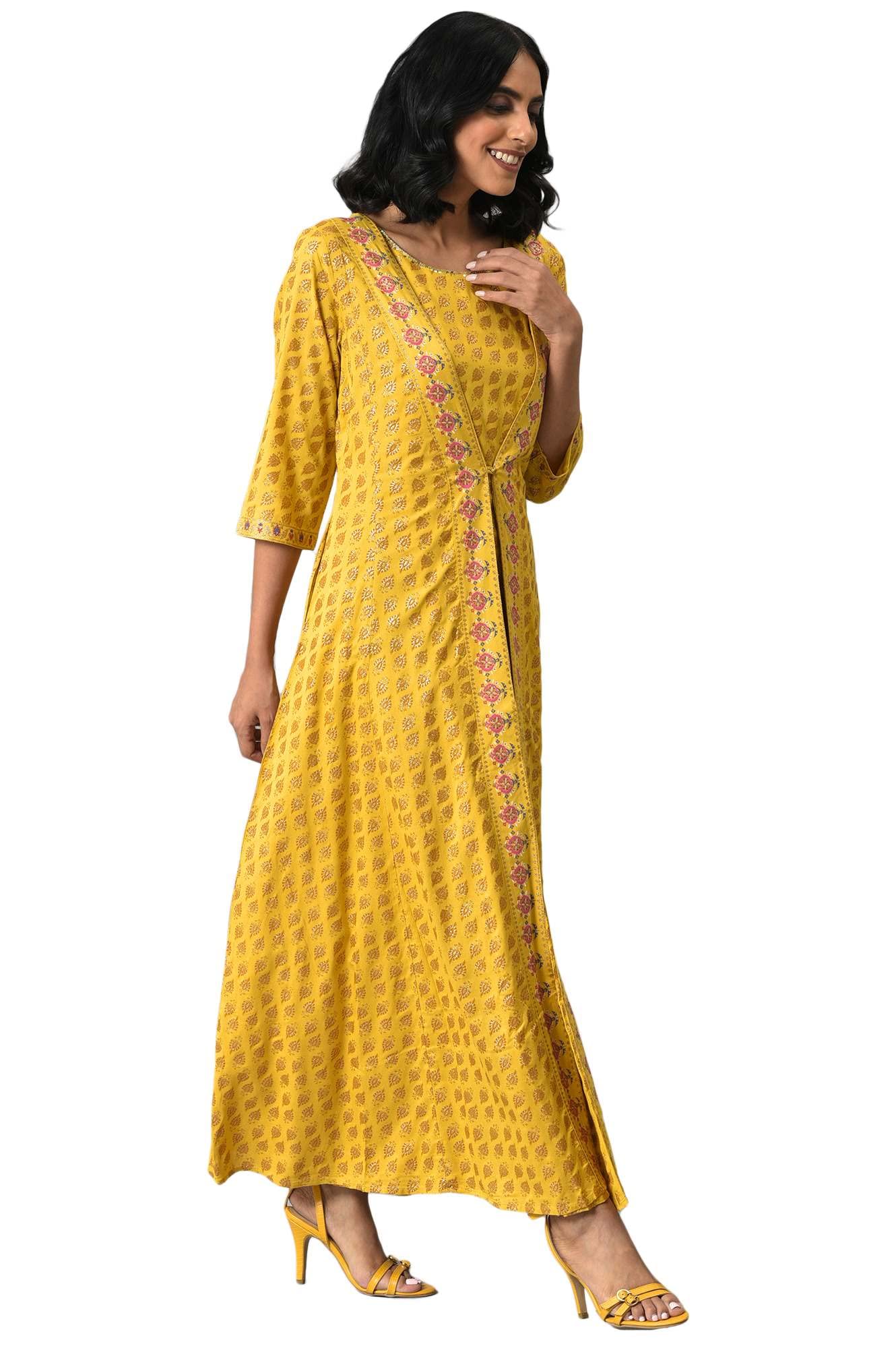 W for Woman Women's Yellow Glitter Printed Mock Layered Embellished Kimono Maxi Jumpsuit_22Auw18353-119801_3XL