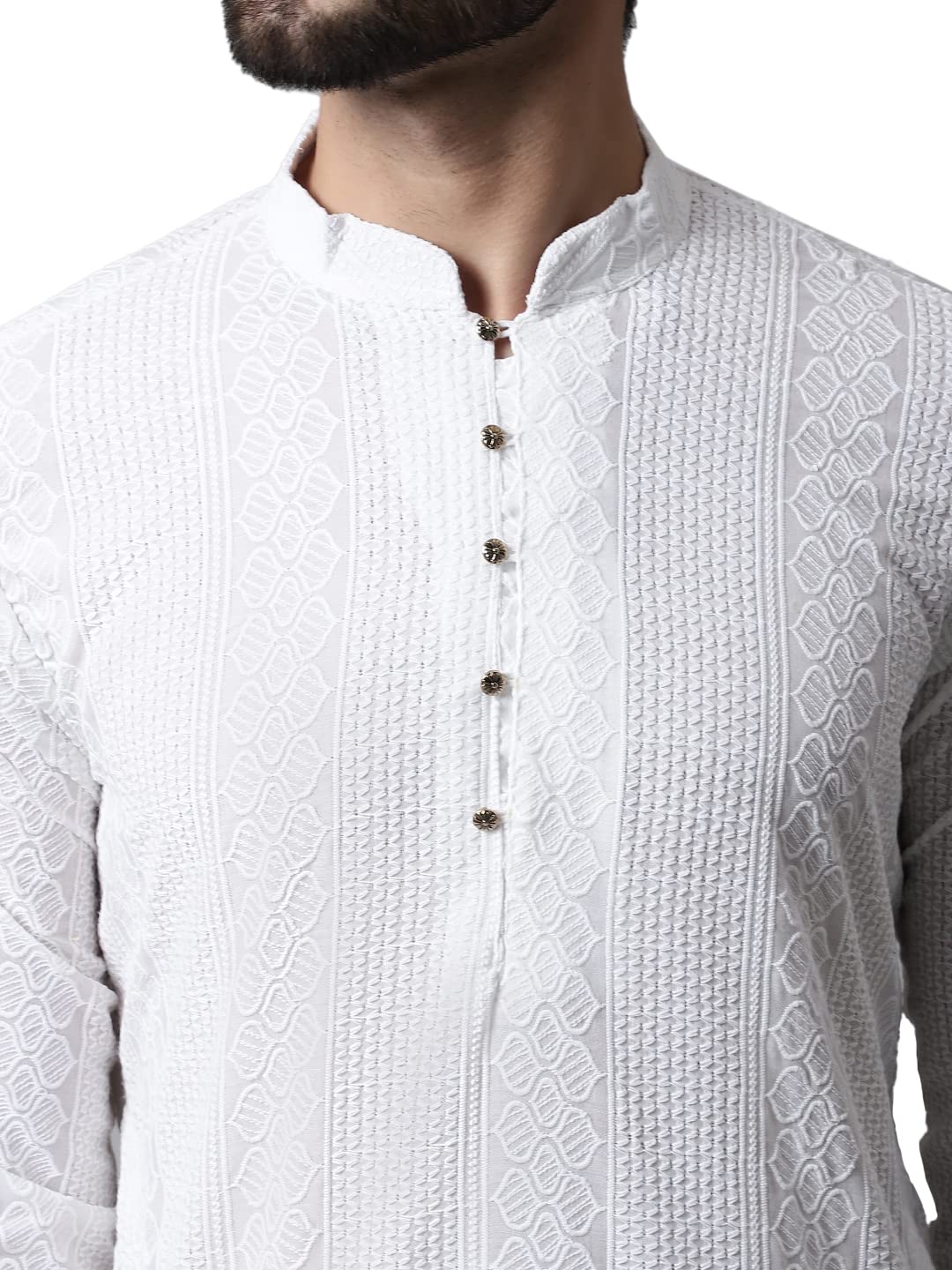 Jompers Men White Embroidered Pure Cotton Kurta with Pyjamas (White, S)