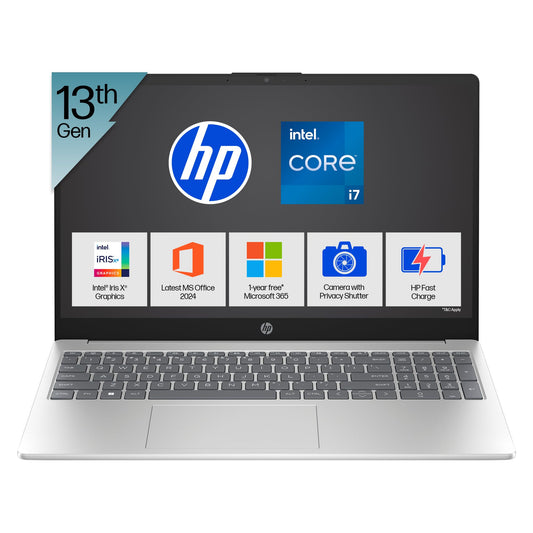 HP 15, 13th Gen Intel Core i7-1355U (16GB DDR4, 512GB SSD) Microsoft365* Office2024, Win11, 15.6inch(39.6cm) FHD Laptop, Intel Iris Xe, FHD Camera w/Privacy Shutter, Backlit, Silver, 1.59kg, fd0468tu