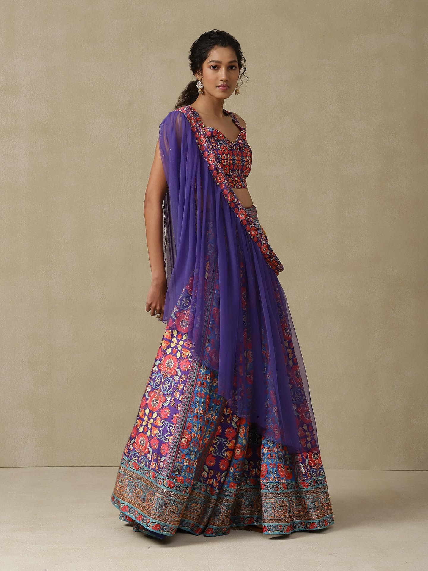 Aarke Ritu Kumar Women's Purple Floral Printed Polyester Readymade Lehenga Choli Set