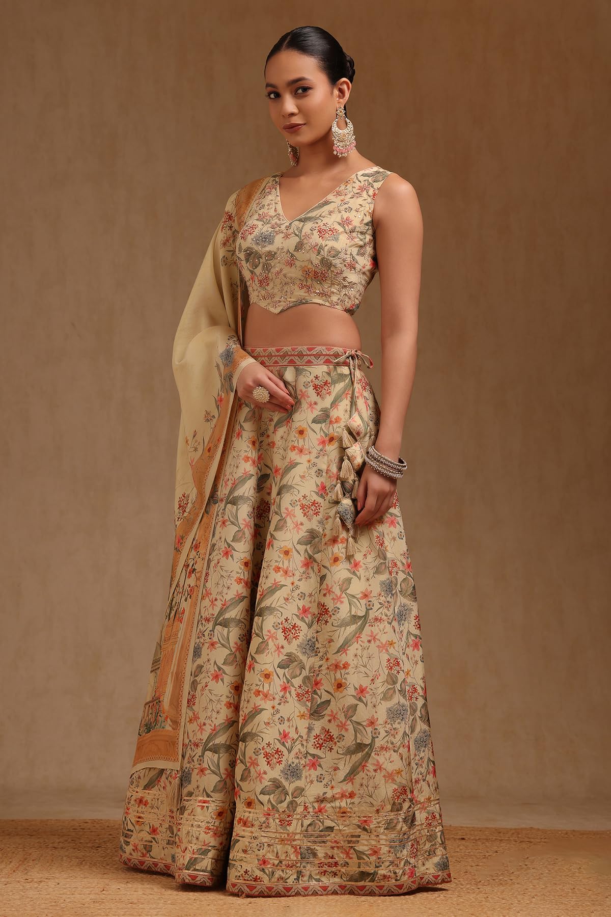 Soch Womens Beige Tissue Botanical Print Ghagra Choli With Thread Work
