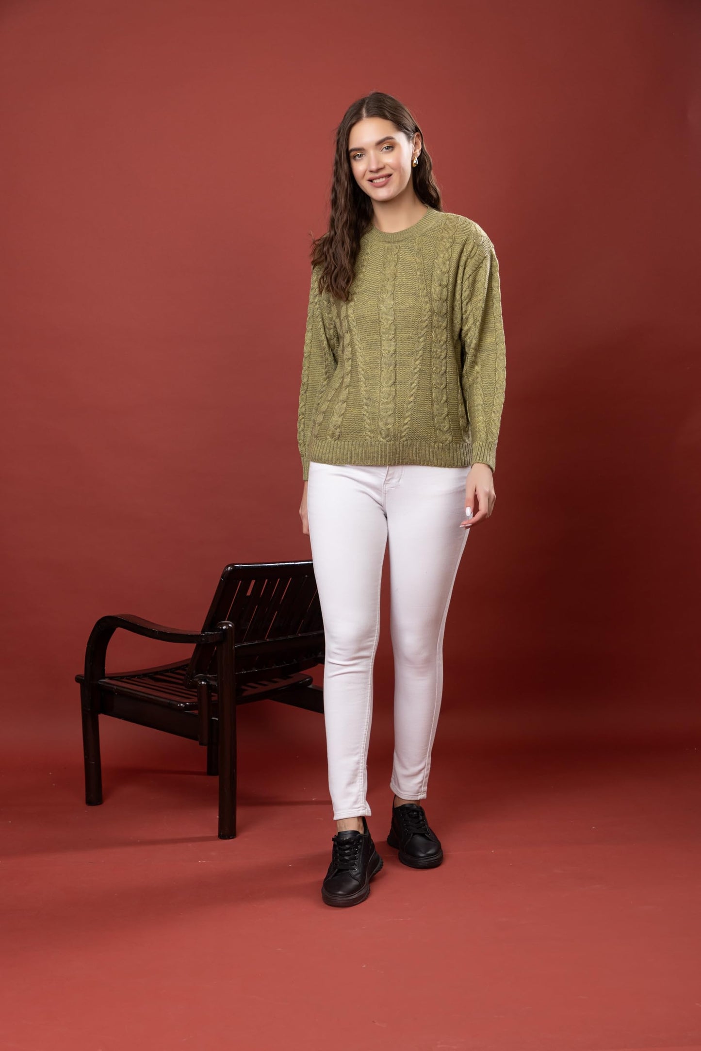Style Dusk Women Sweater for Winter Woolen Full Sleeves Round Neck Cable Design Stylish Sweater for Winter Season (in, Alpha, 2XL, Olive)