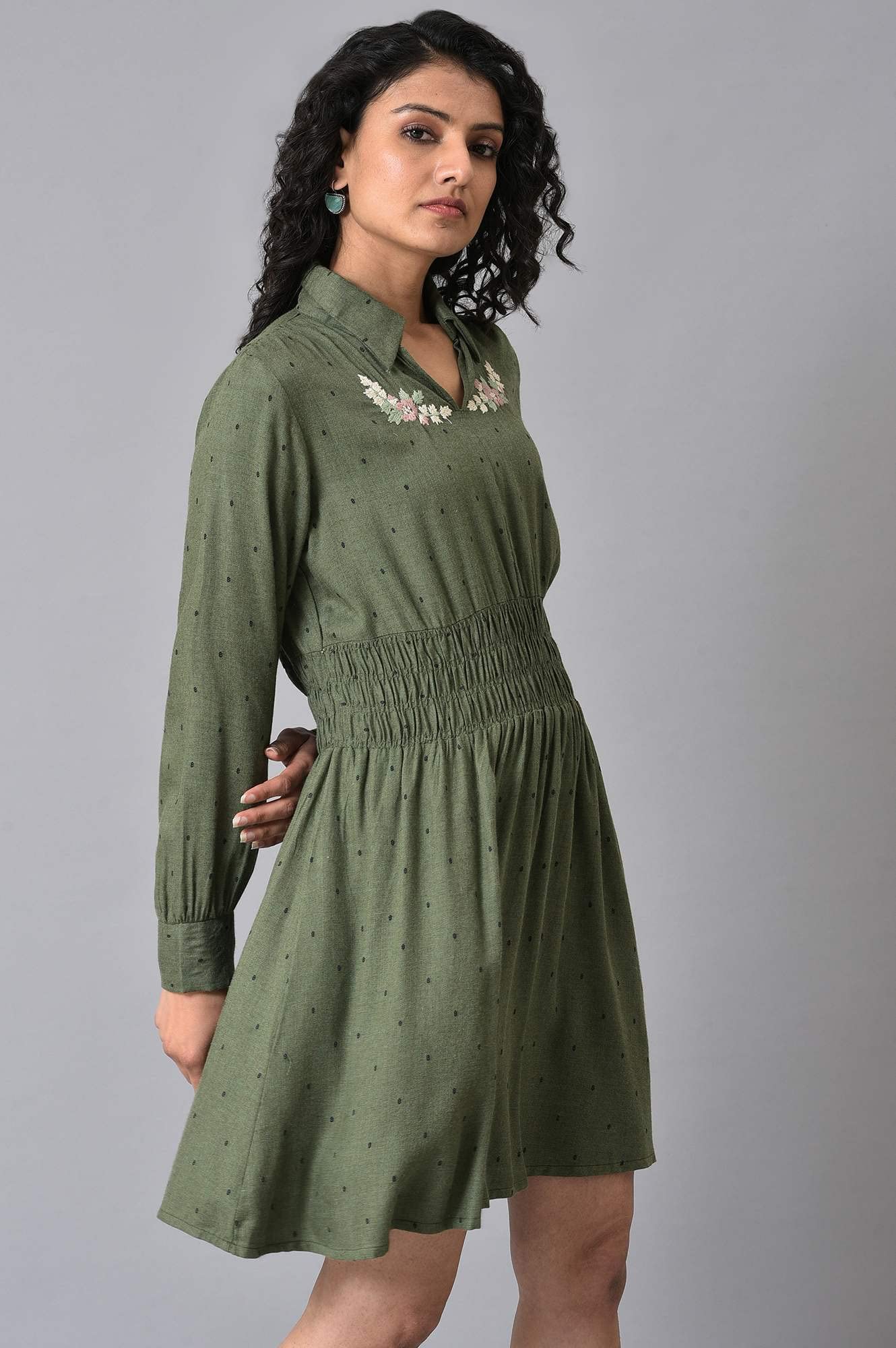 W for Woman Women's Viscose Olive Green Hand Embroidered Short Dress Above The Knee (22AUW31166-830180 10)