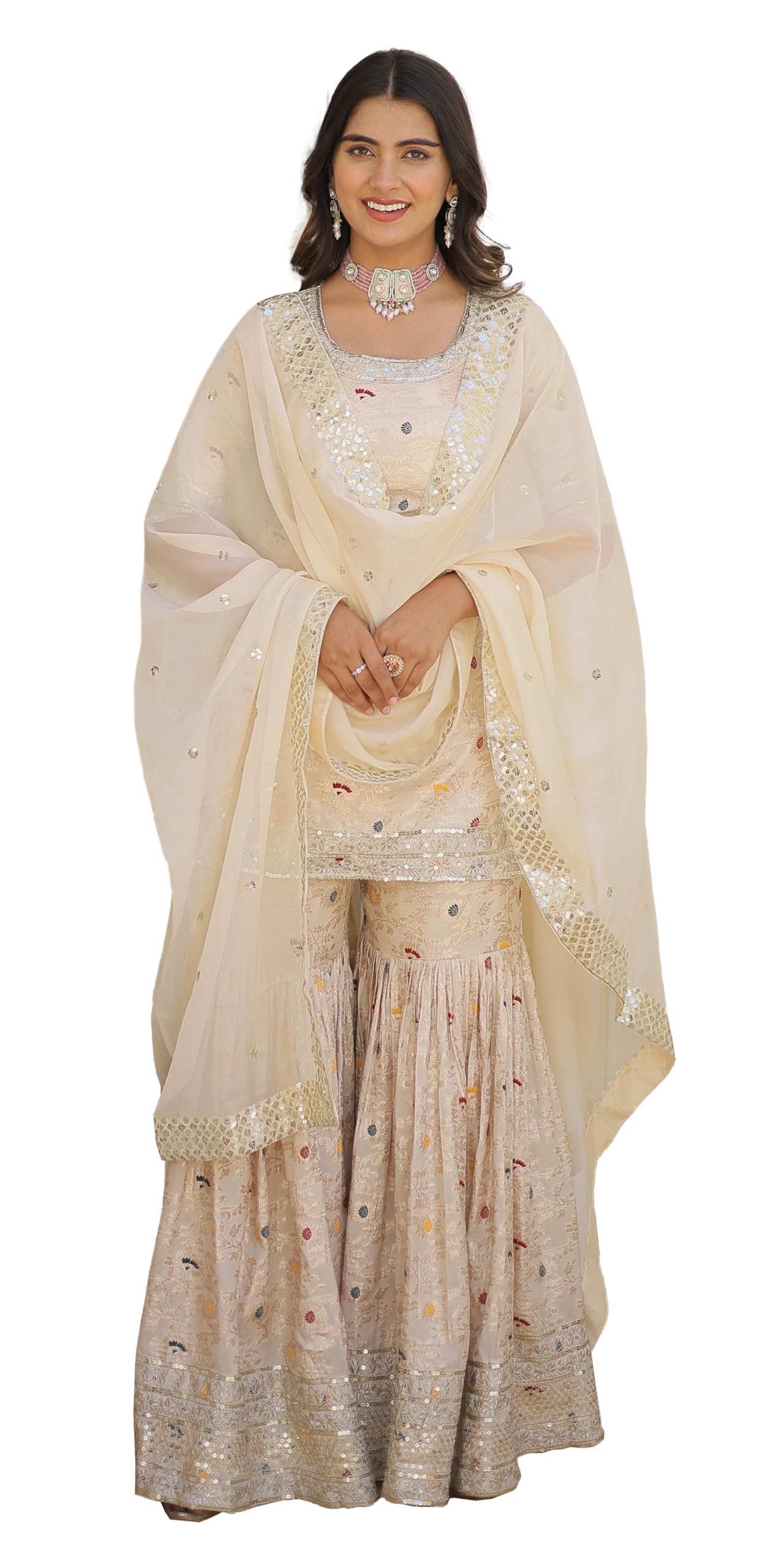 Fashion Basket Women's White Georgette Anarkali Kurta Set with Duptta for Women (White, XXL)