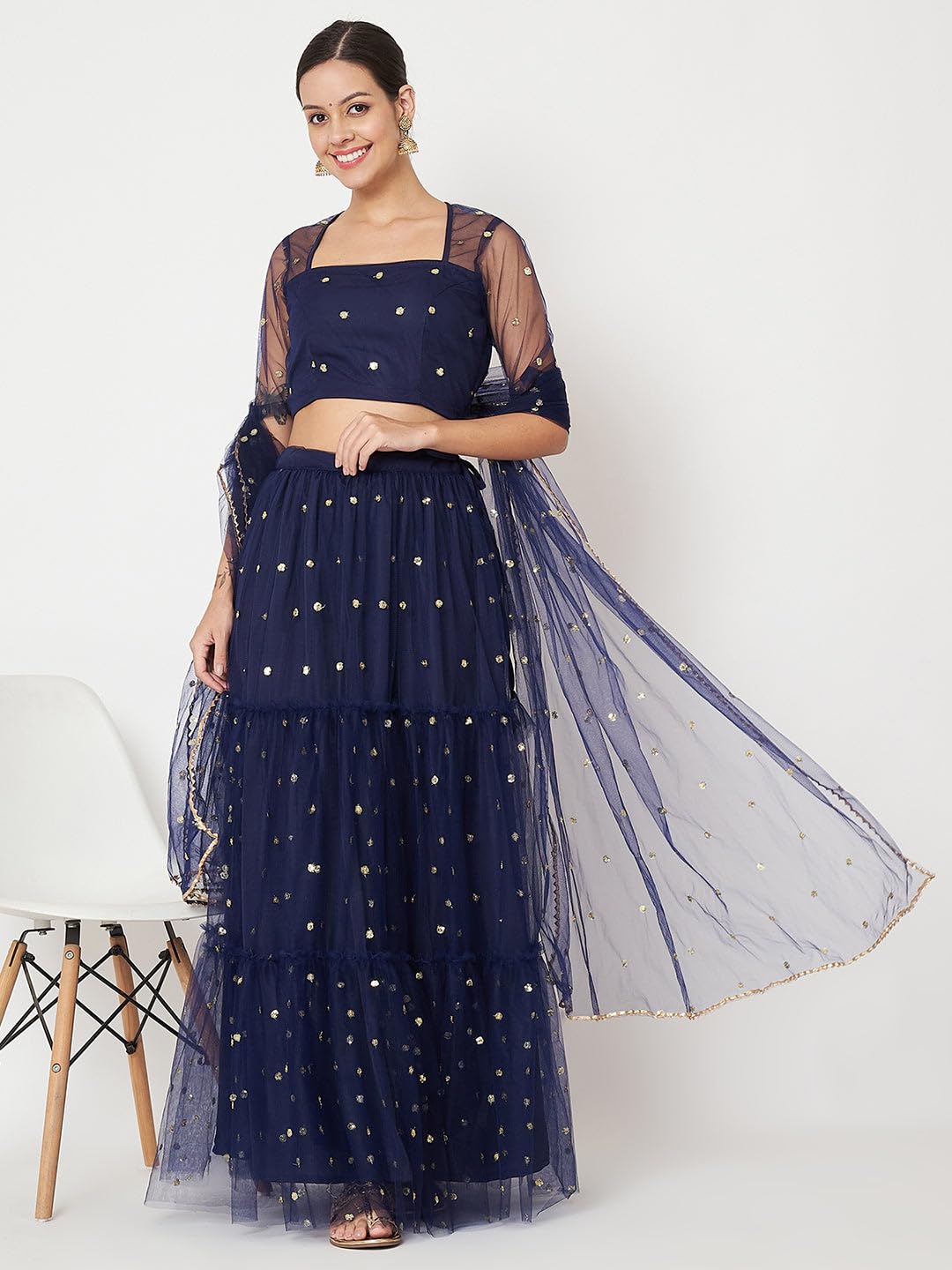 studio rasa Women's Net Sequin Embroidered Tiered Lehenga Set for Wedding Festive Party (LHSC52402XL_Navy_X-Large)