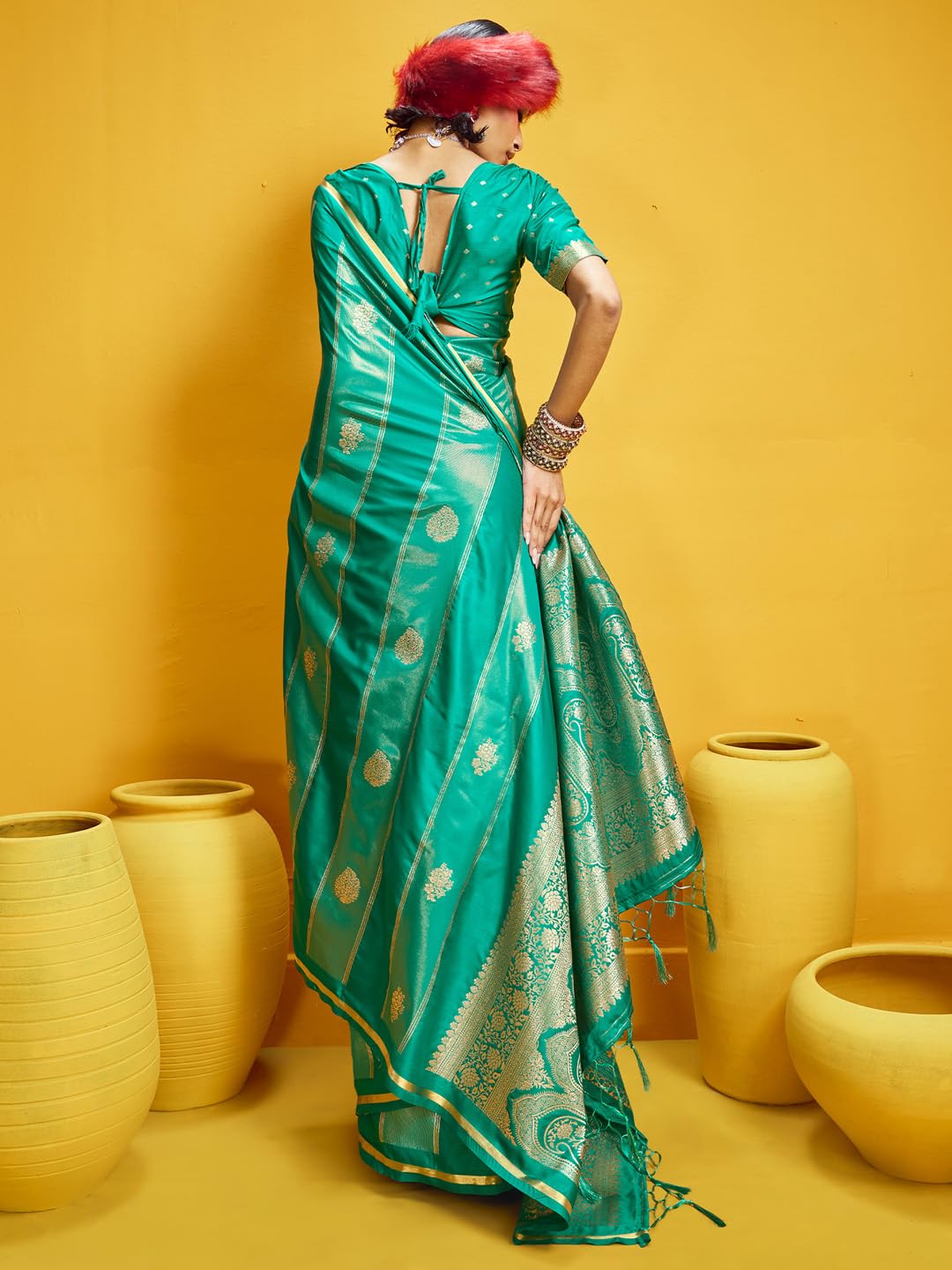 AKHILAM Women's Teal green Satin Ethnic Motif Print Tassels and Latkans Saree With Unstitched Blouse Piece | saree for woman | Designer Saree for Women