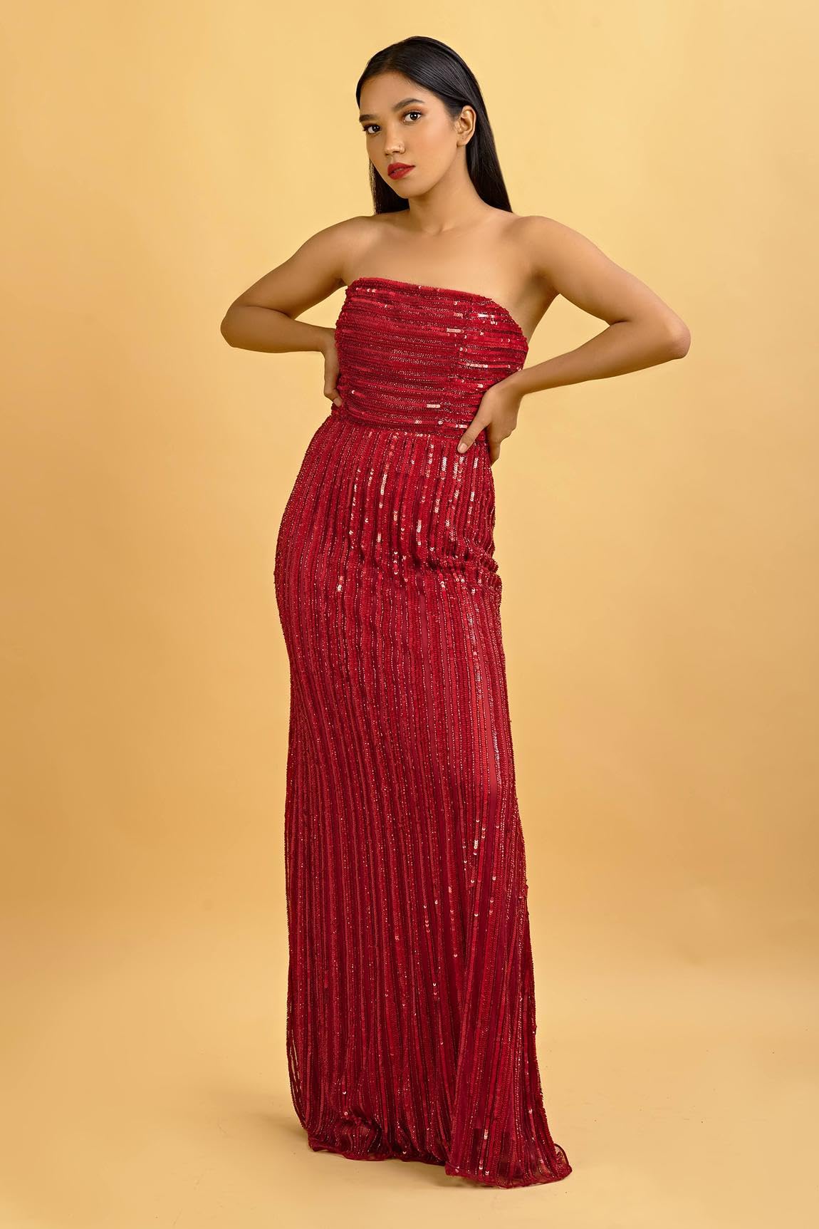 HarLiv Red tube neckline straight flow gown with all over sequins embroidery