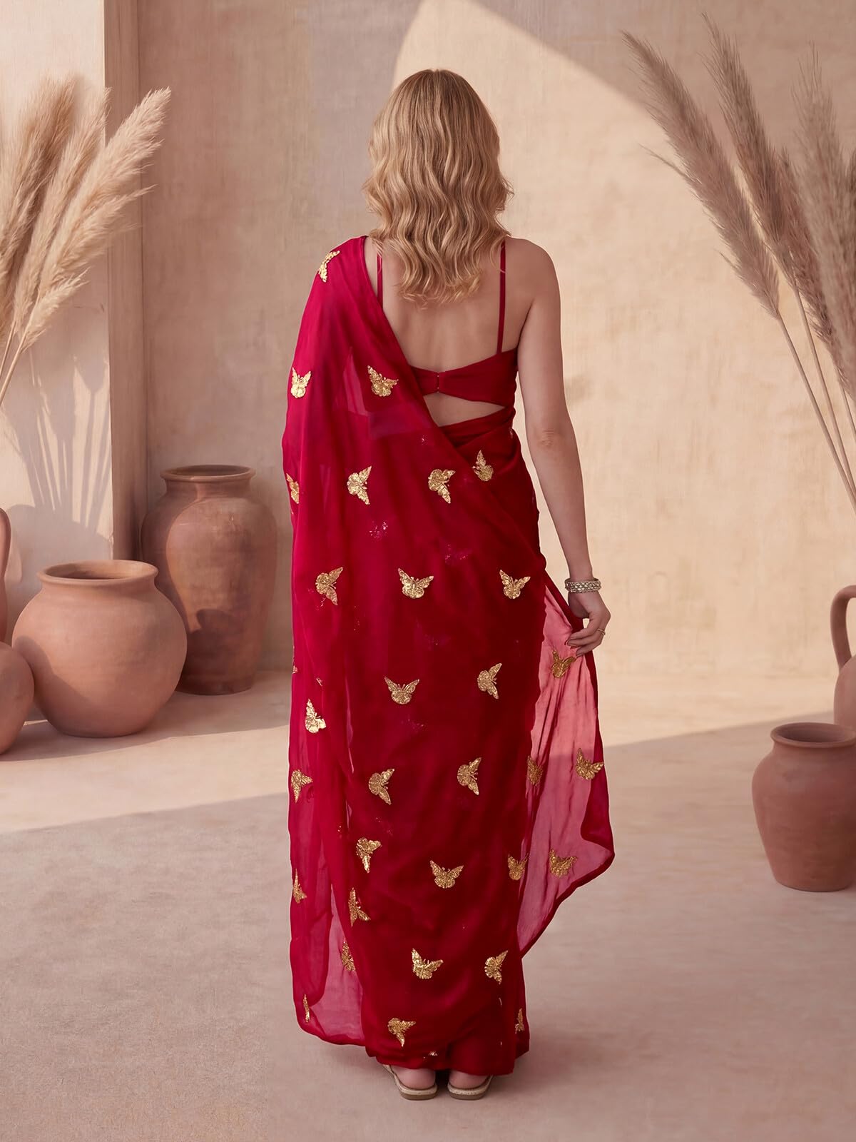 SIRIL Women's Georgette Sequins Embroidery Saree with Unstitched Blouse Piece (4407S196AAA_Red)