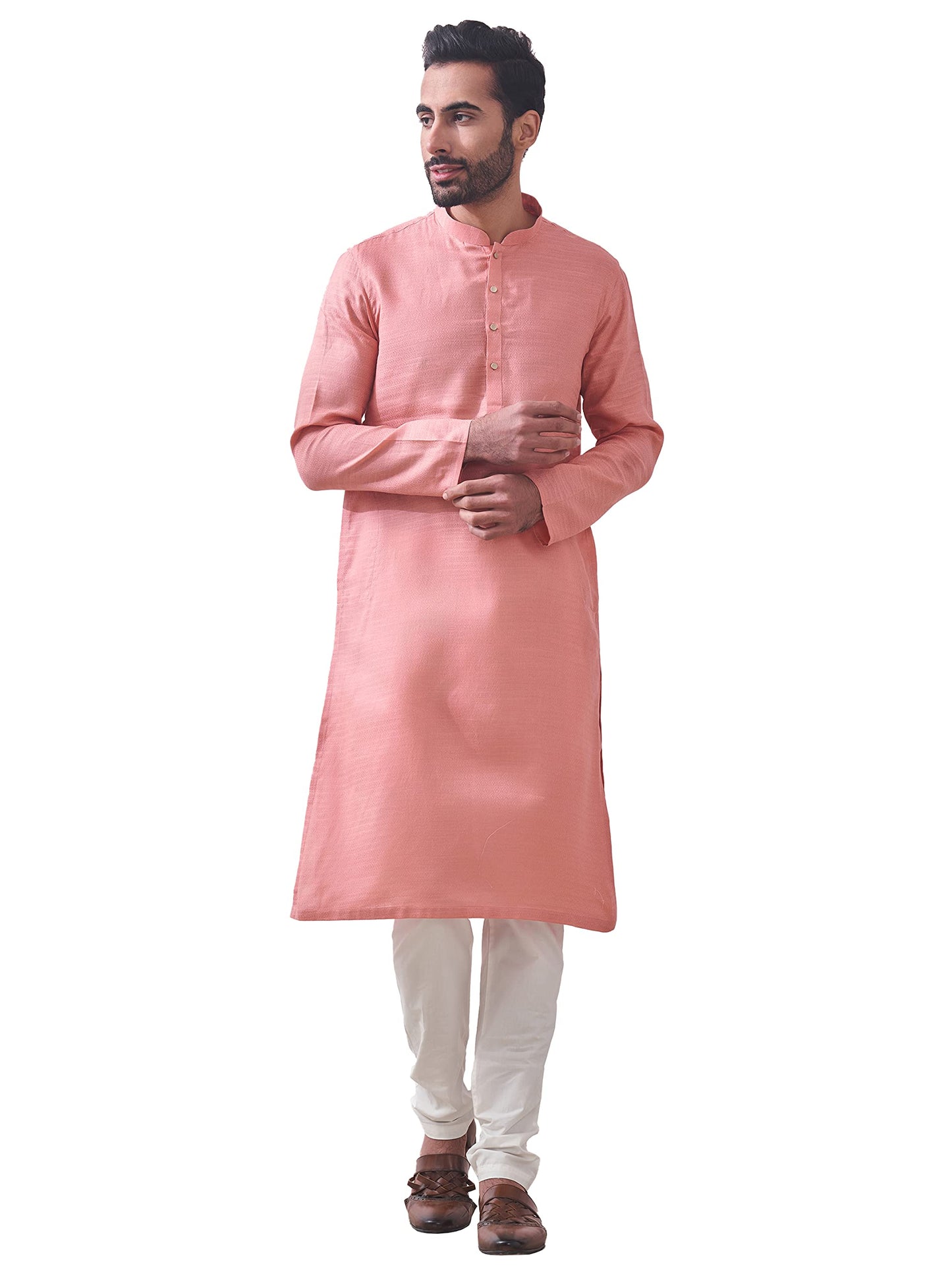 Manyavar Pink Cotton Full Sleeve Kurta Set | Traditional Kurta Set For Men (XL)