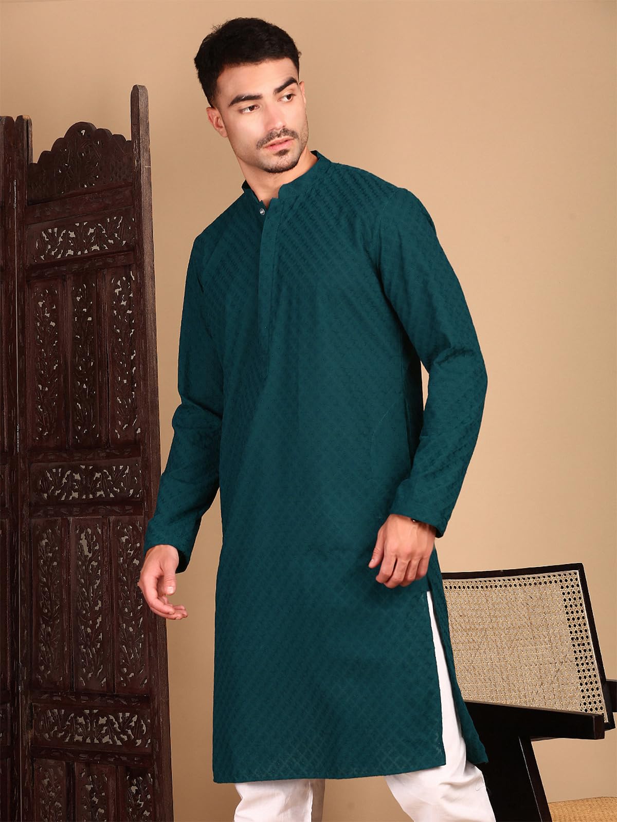 Sanwara Men's Cotton Geometric Regular Kurta Set