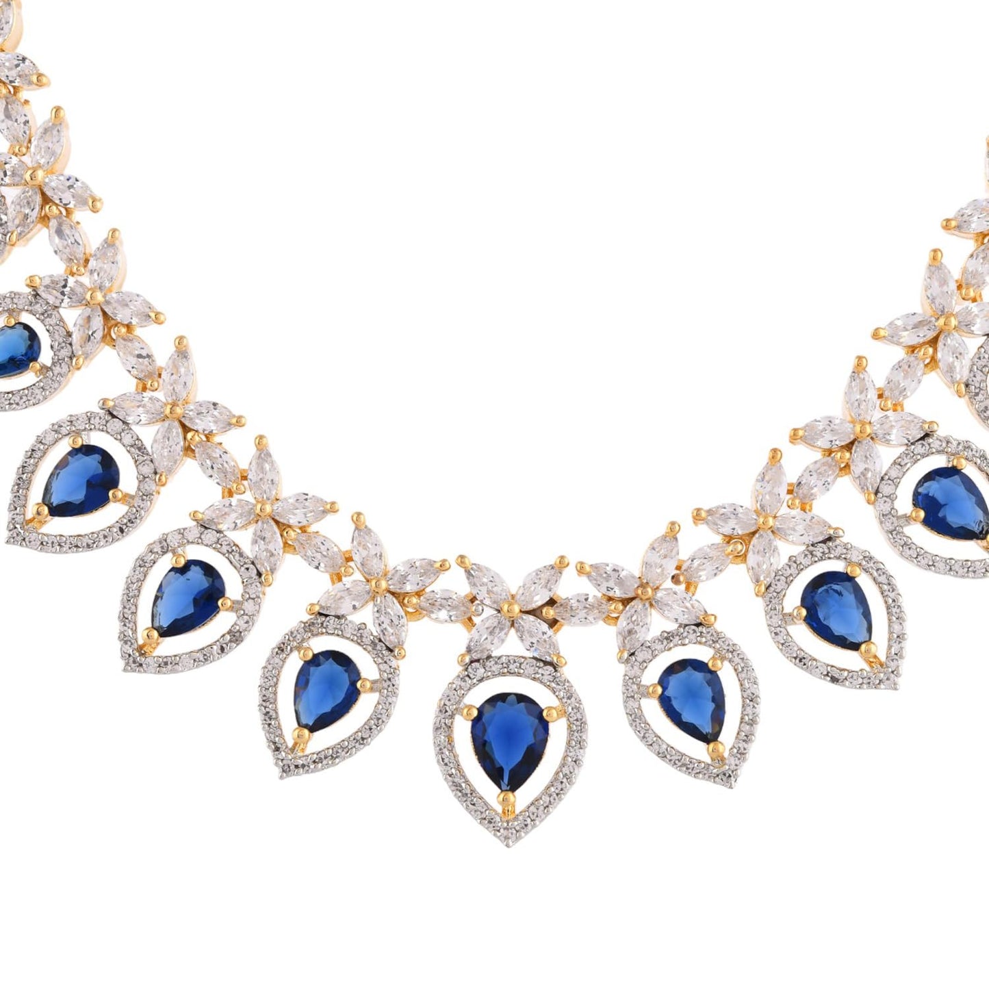 VOYLLA Sparkling Elegance Blue Allure American Diamond Necklace Set |Necklace Sets For Women| Short Necklace Set For Women|Wedding|Party|Gift For Women|American Diamond|Cz Necklace Sets|