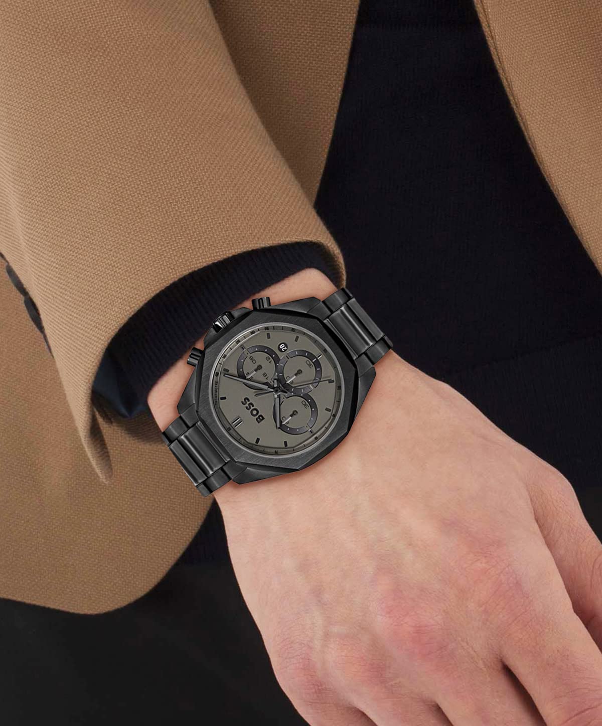 BOSS Cloud Qtz Fashion Chrono Grey Round Dial Men's Analog Watch|Ionic Plated Black Steel Material|Black Color Band - 1514016