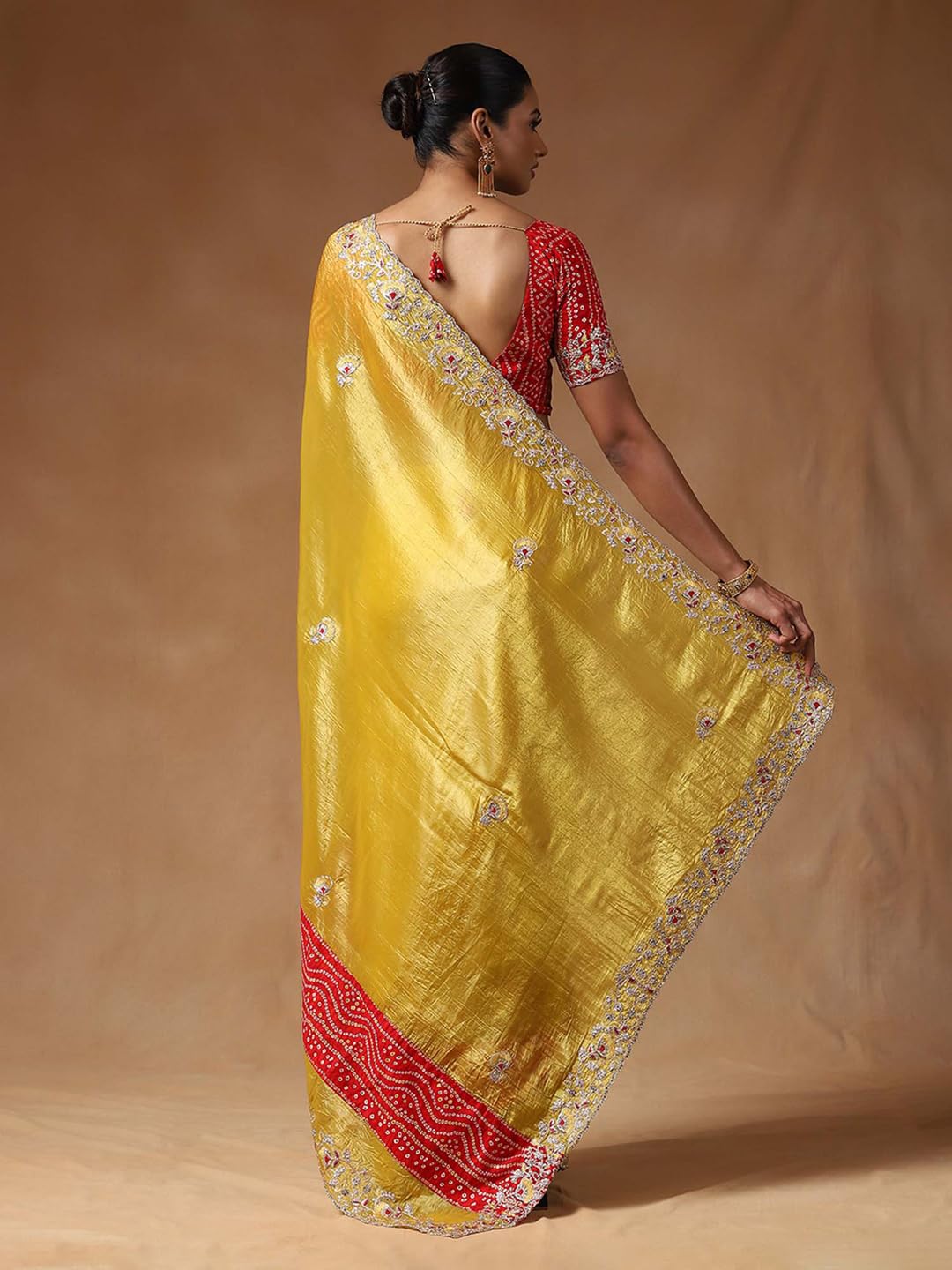 SAREE MALL Women's Yellow Tissue Floral Printed Saree With Unstitched Blouse Piece (ANIKA1601_AG)