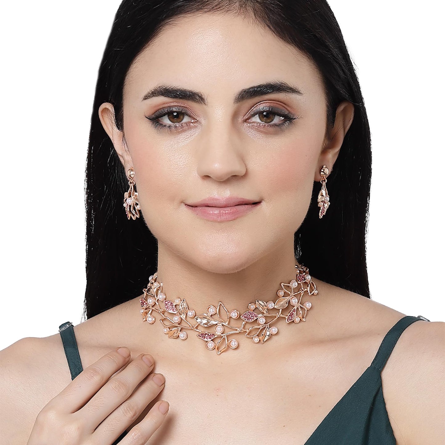 ZENEME Oxidised Silver-Plated Cubic Zirconia & White Pearls Studded Leaf Shaped Necklace With Earrings Jewellery Set For Girls and Women (Rose Gold pink)