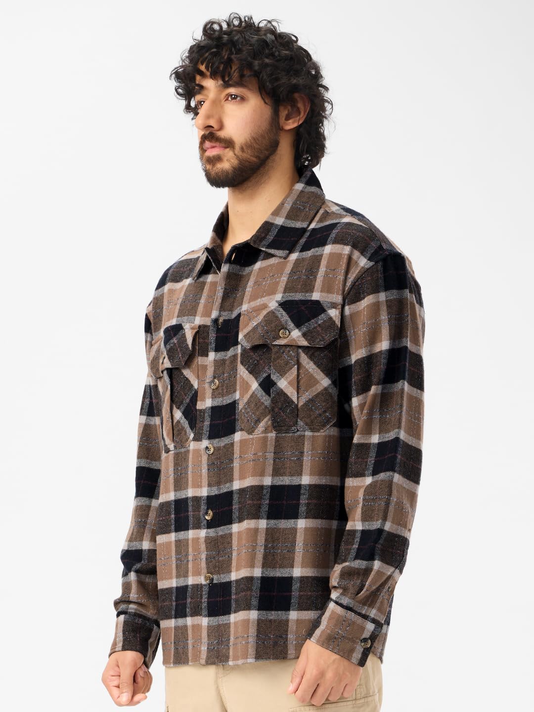 The Souled Store Russet Men and Boys Long Sleeves Collared Neck Button Front Plaid Cotton Oversized Flannel Shackets