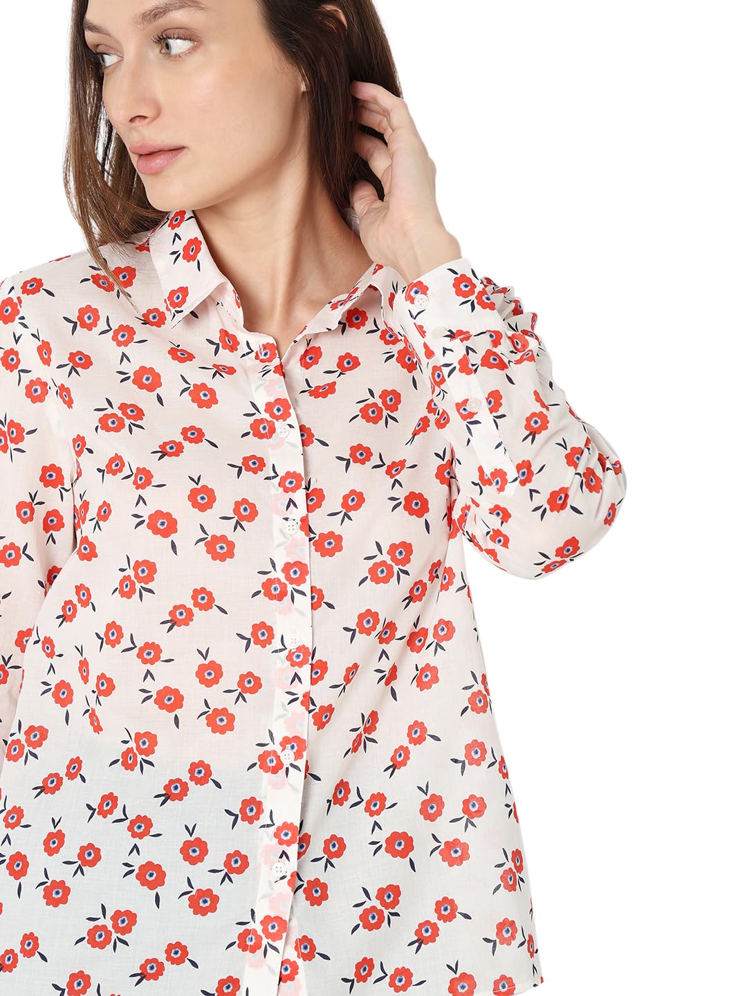 VERO MODA Women Floral Print Orange Cotton Regular Fit Shirt