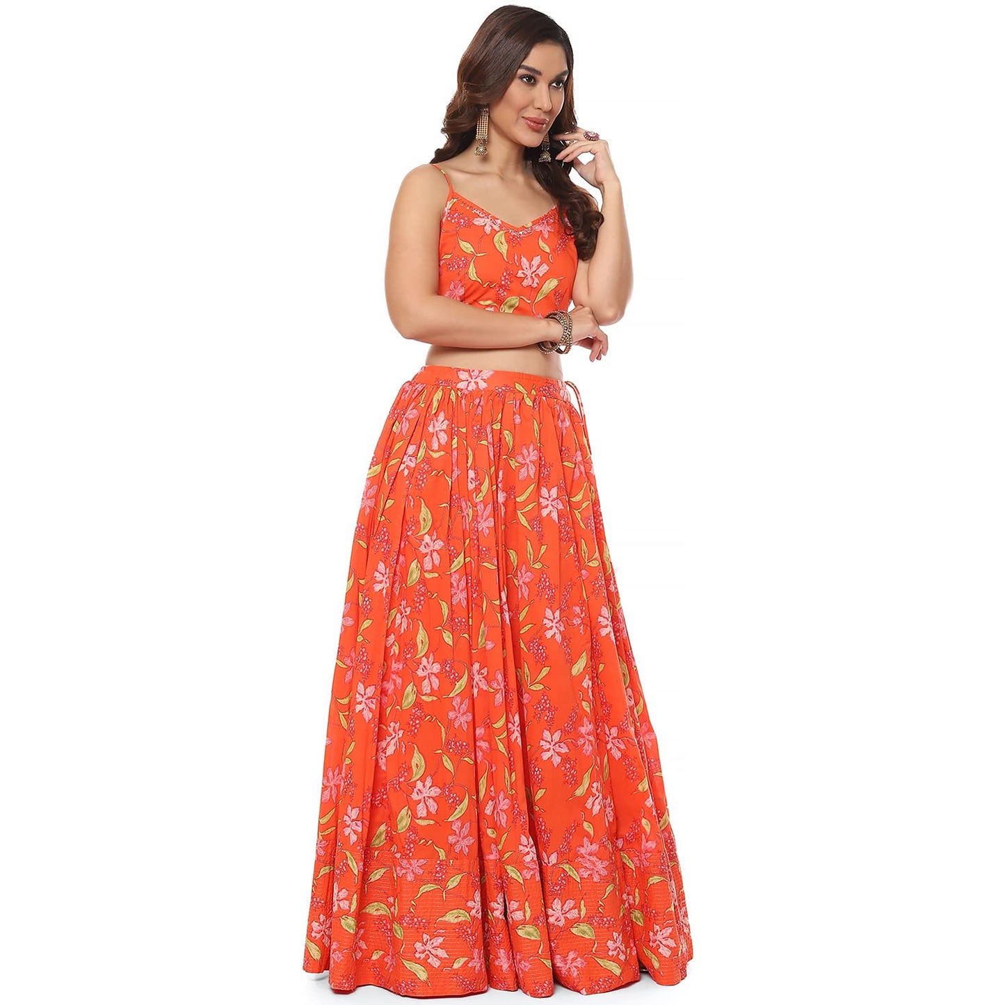BIBA WOMEN PRINTED FLARED SALWAR KURTA DUPATTA(SKDASSORTED8174_ORANGE_40)