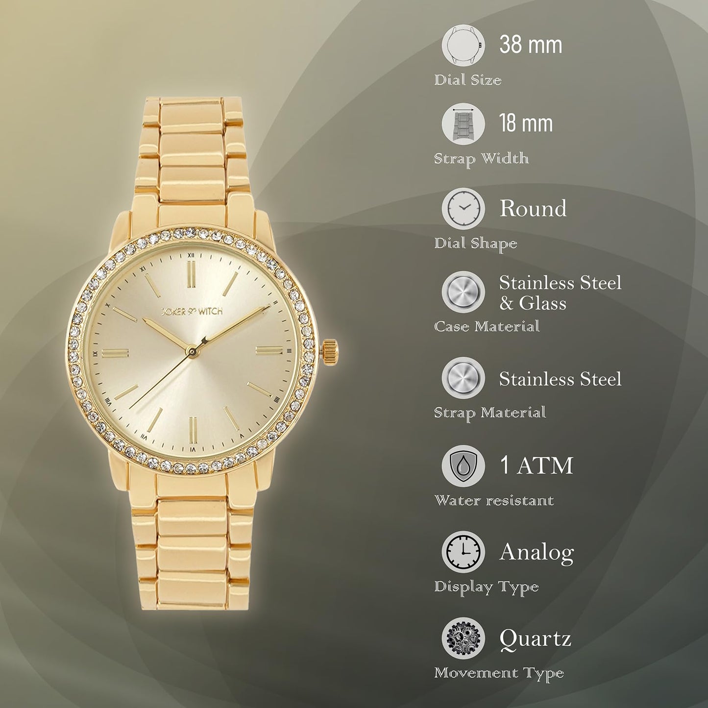 Joker & Witch Women Analogue Halo 38mm Rose Gold Dial 18mm Stainless Steel Strap Watch